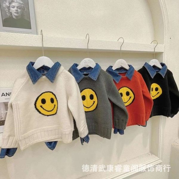 

children's jeans ruitongge collar smile face 2020 winter new men's and women's net red knitted sweater, Blue