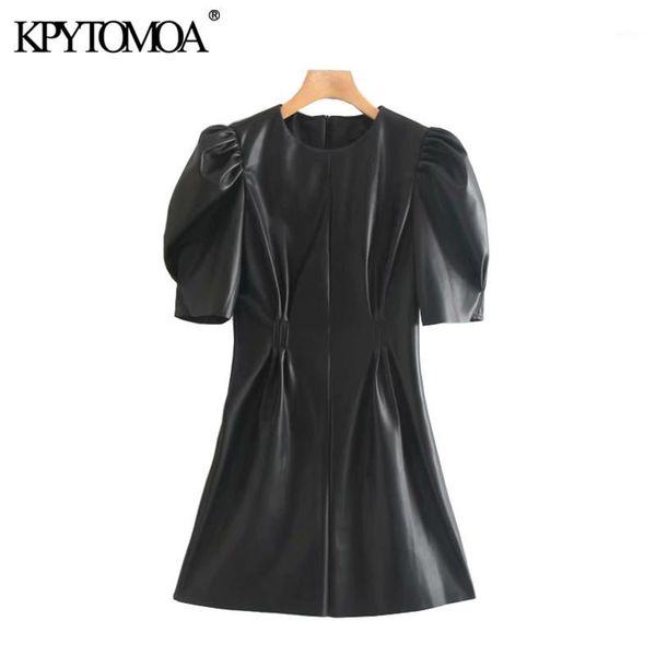 

vintage stylish faux leather pleated mini dress women 2019 fashion o neck puff sleeve back zipper female pu dresses vestidos1, Black;gray