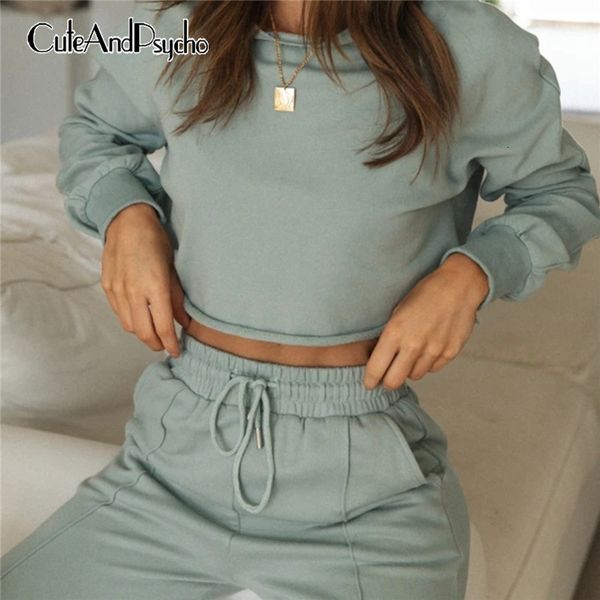 

basic autumn two piece sets women long sleeves crop and joggers pants set sportswear tracksuits outfit clothes cuteandpsycho t200903, Gray