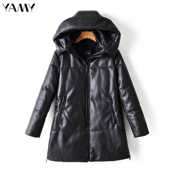 

women's leather & faux women pu overcoat casual long hooded outerwear pocket female winter black zipper thick warm parkas coat streetwe