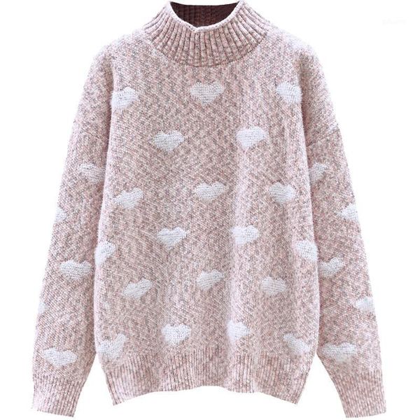 

2020 autumn winter thick women oversized sweater fashion long love embroidery pink kint jumper turtleneck sweater pullover1, White;black