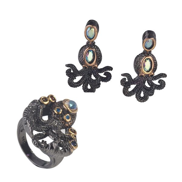 

large cool black ocs animal design earrings ring 2 pieces jewelry set punk cocktail party jewelry for women costume jewelry, Golden