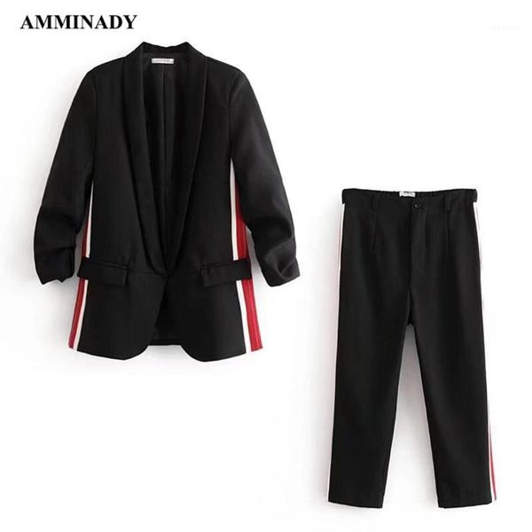 

2018 spring coat women side striped blazer feminino notched collar pleated sleeve office suit jacket elegant black cardigan1, White;black
