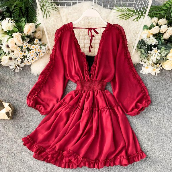 

yuoomuoo deep v neck women dress 2019 spring early fall fashion high waist ruffle bohemian dress korean style short holiday y200805, Black;pink