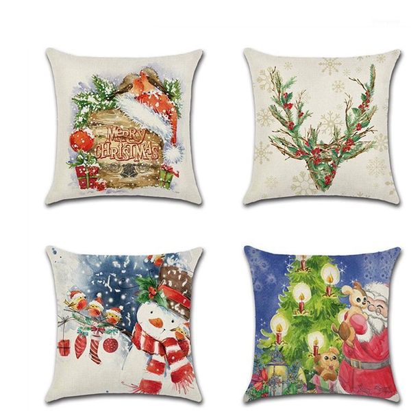 

watercolor printed pillow cushion cover reindeer snowman kussenhoes pillowcase sofa christmas decoration for hom fundas cojines1