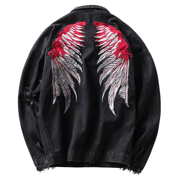 

wholesale men's clothing ripped hole denim jacket eagle wings male student handsome korean embroidery casual denim jacket 201218, Black;brown