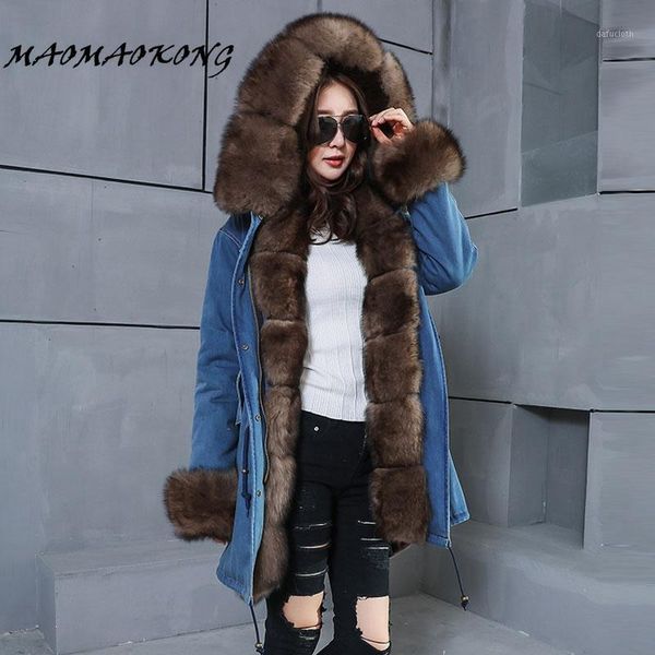 

2017 long denim winter jacket thick parkas natural real fur collar coat women outwear hooded pelliccia1, Black