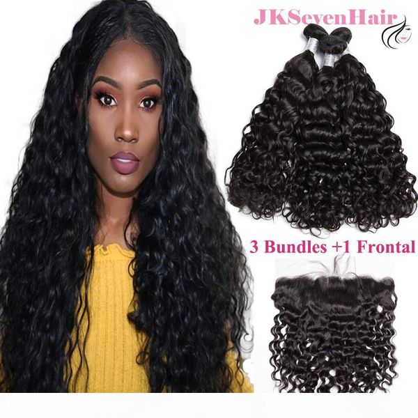 

12a grade water wave brazilian virgin hair extensions 3 pcs with 13x4inch ear to ear lace frontal malaysian peruvian indian hair weaves, Black