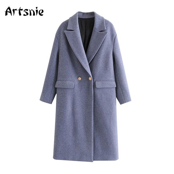 

artsnie winter double breasted woolen coat women turn down collar long sleeve coats pockets warm vintage oversized coats mujer, Black