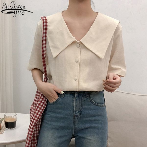 

summer new solid color preppy style lapel short sleeve woman's shirts chiffon blouse woman cute blusa 10201 y200828, White