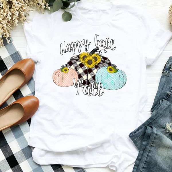 

women lady plaid flower pumpkin print thanksgiving fall halloween tshirt shirt clothes graphic female t tee womens t shirt, White