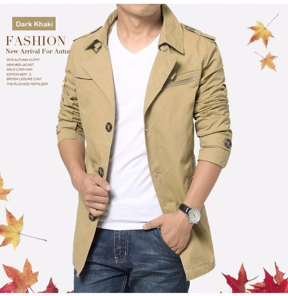 

brand men's long windbreaker cotton fabric business casual jacket1, Tan;black