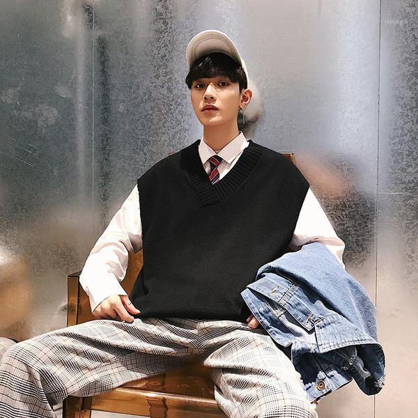 

men v-neck cotton pullover solid sleeveless spacious autumn spring warm fashion perfect quality clothes knitted casual wool coat1, Black;white