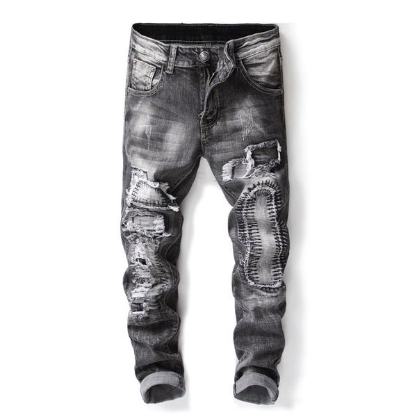 

new fashion trendy men ripped jeans slim fit pencil pants streetwear male wash destroyed stretch skinny trousers, Blue