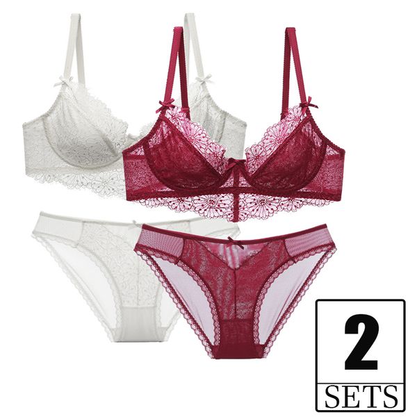 

2 piece sets new transparent bra and panties embroidery lingerie underwire push up brassiere underwear women set white red c1211, Black;white