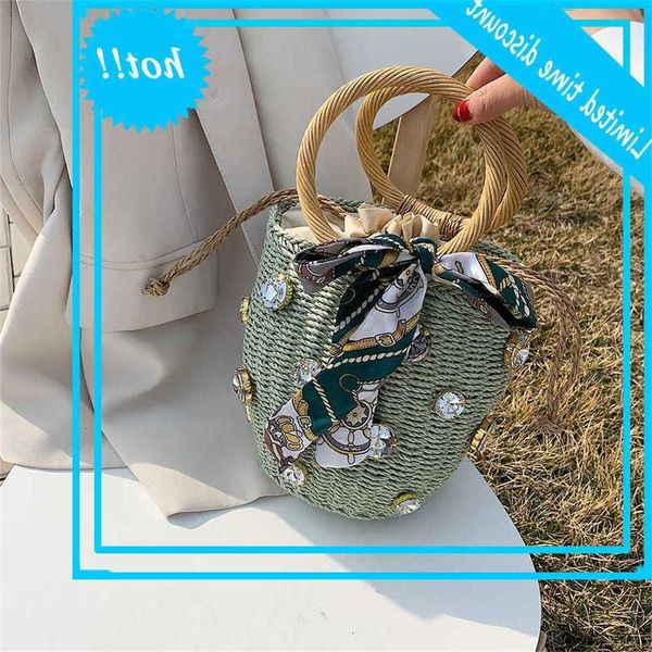 

fashion diamonds rattan women handbags designer wicker woven round buckets bag summer beach straw bags ladies purses small totes