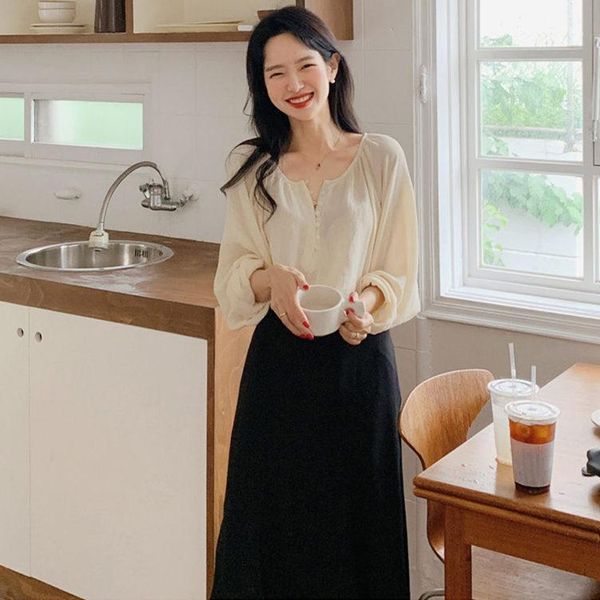 

two piece suit blouse summer women femme casual women long sleeve girls cotton plus size mini chiffon skirts suit1, White