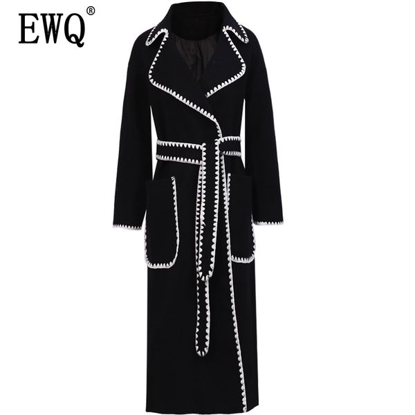

[ewq] autumn winter new style lapel long sleeve white patchwork adjustable waist woolen coat vintage fashoin tide ah13411m 201027, Black