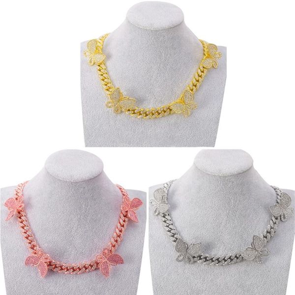 

12mm miami cuban link chain butterfly rappers necklace cubic zirconic choker chain with removable butterfly charm 20inch, Golden;silver