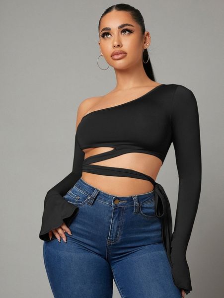 

sxy asymmetrical neck cut out tie side flounce sleeve crop s06g#, White