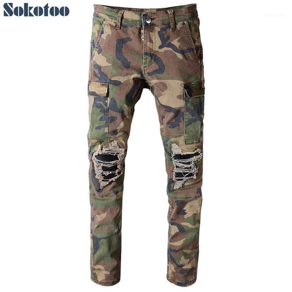 

sokotoo men's camouflage printed patchwork biker jeans for moto slim fit straight army green pockets cargo denim pants1, Blue