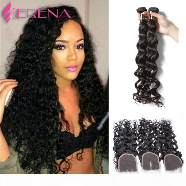

4pcs lot malaysian water wave with closure unprocessed 3 bundles malaysian virgin hair wet and wavy human hair with closure 7a, Black;brown