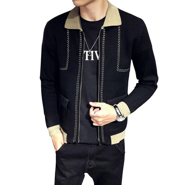 

men's sweaters 2021 men black knitted fashion lapel mens casual coats zipper placket slim fit male stitching clothing, White;black