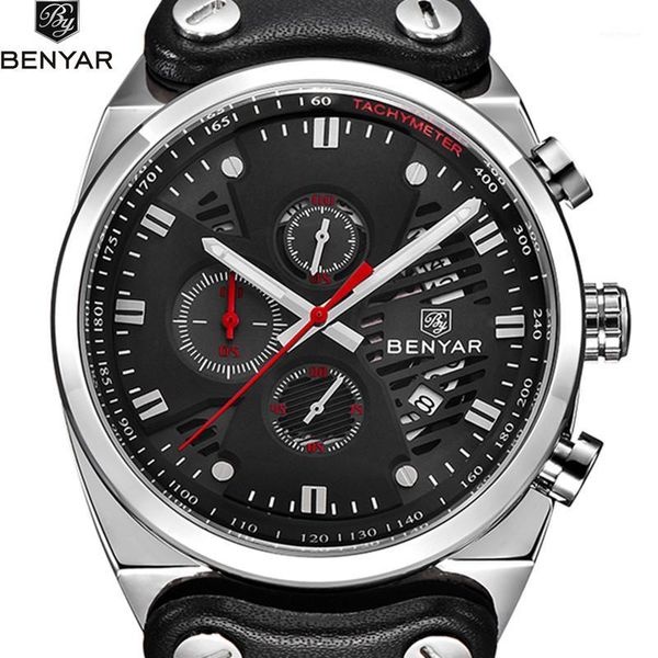 

wristwatches 2021 benyar quartz men's watches brand men leather sports watch waterproof luxury clock relogio masculino1, Slivery;brown