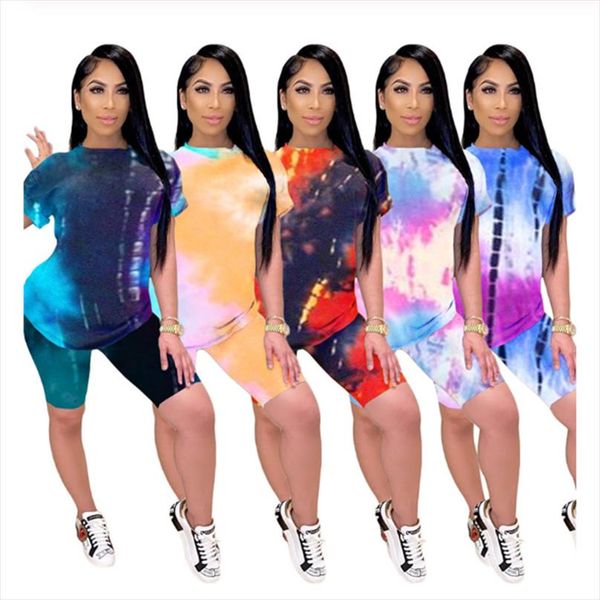 

2020 summer women short sleeve o neck tie dyed tee pencil shorts suits two piece set sporty active tracksuit outfit, Gray