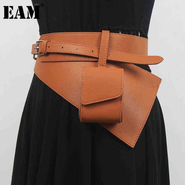 

[eam] pu leather camel irregular mini-bag wide belt personality women new fashion tide all-match spring autumn 2022 1de1621 aa220312, Black;brown