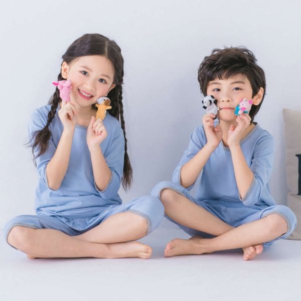 

summer new spring children's air-conditioned clothing thin pajamas cotton underwear set men's and women's 7-sve baby home clo, Blue;red