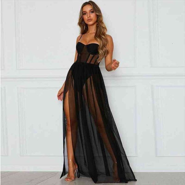 

2pcs see through dress womens stars perspective sheer gauze sleeveless backless party long dresses summer beach clothes, Black;gray