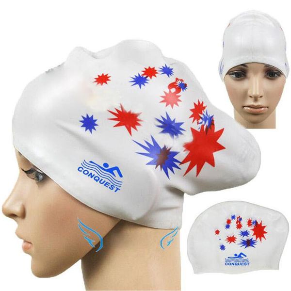 

women waterproof silicone swimming cap stars musical note prints comfortable protect ears long hair swim pool caps hat plus size wmtihx