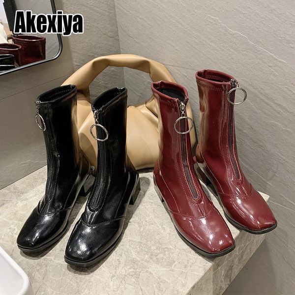 

boots women spring patent leather handmade square toe black heels shoes zip ladies ankle w076