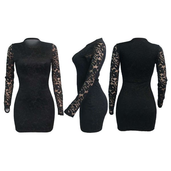 

women's autumn winter round neck lace dress, Black;gray