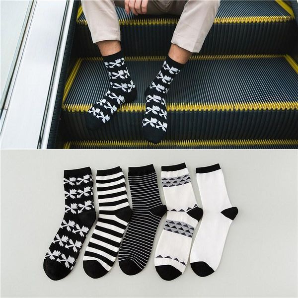 

5 pairs cotton men's harajuku stripe white black european elegant business socks fashion hipster skateboard male socks dropship