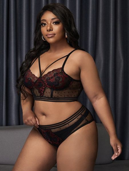 

plus lace contrast mesh lingerie set a3na#, Black;white
