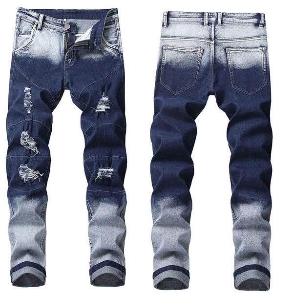 

men's jeans motorcycle men loose slim fit destroyed torn ripped denim 2021 fashion hip hop patch retro knee, Blue