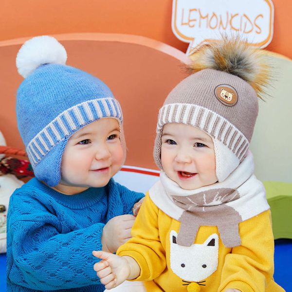 

warm ear baby lemon children's ball autumn winter protection wool men's and women's knitted hat neck, Red;brown