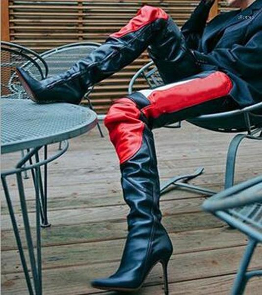 

boots women black/red mixed color patchwork stiletto high heels thigh ladies pointed toe motorcycle over knee boots1