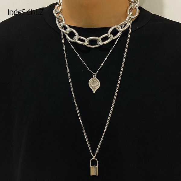 

ingesight.z punk street chunky thick choker necklace collar vintage padlock rhinestone pendant necklaces for women men jewelry, Silver