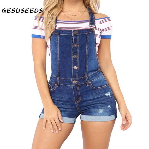 

summer short denim overalls women high waists jumpsuit ripped hole jeans casual distressed rompers blue navy solid rolled y200822