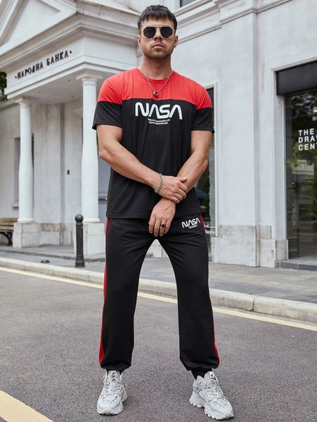 

extended sizes men two tone letter graphic tee with sweatpants 04ul#, Gray