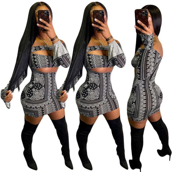 

yy5251 print flared sleeve miniskirt nightclub dress, Black;gray
