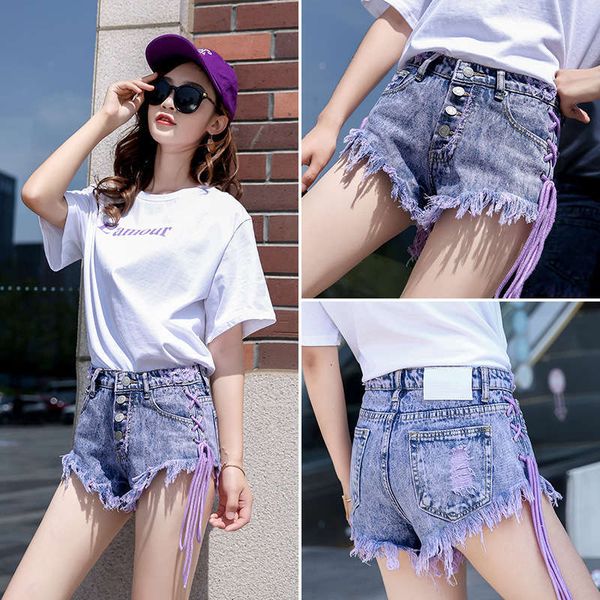 

new personalized lace up denim shorts in summer of 2019, Blue
