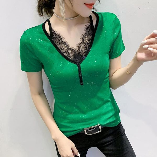 

summer european clothes t-shirt hollow out shiny patchwork lace women ropa mujer shirt cotton tees 2020 new t056091, White