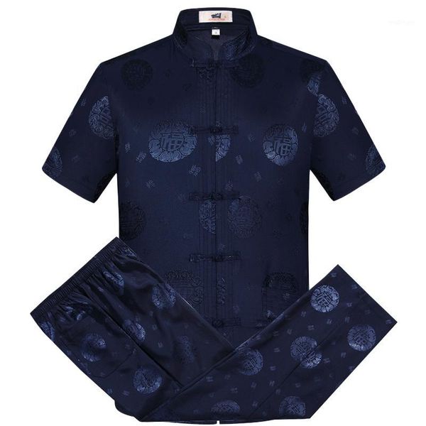 

tang suit men's short-sleeved suit chinese silky traditional hand-buttoned shirt + trousers tai chi vestido chino1, Gray