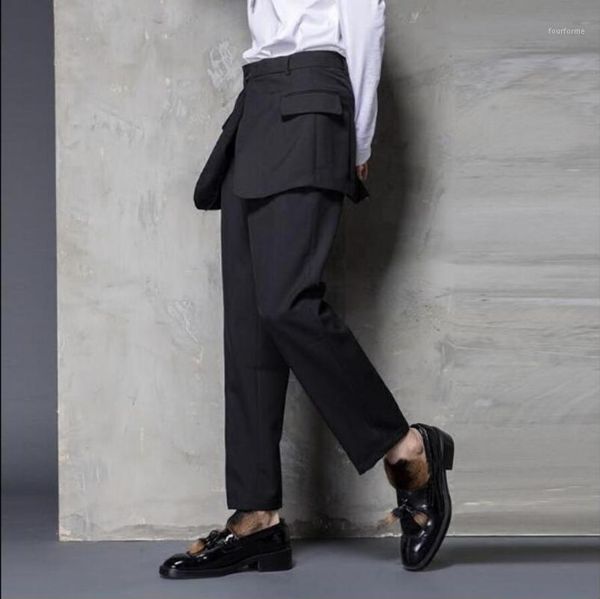 

27-46 2020 new men's clothing hair stylist gd fashion individual slim two false pieces pants culotte plus size costumes1, Black