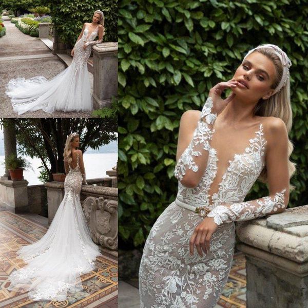 

julie vino wedding dresses deep v neck long sleeve sash appliques lace mermaid wedding dresses sweep train bridal gowns vestido de novia, White