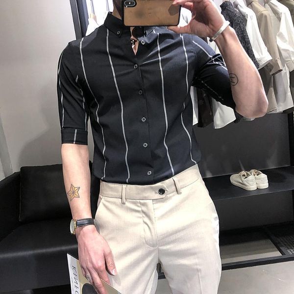 

mid-sleeve shirt male youth striped summer live shirt slim-fit business boys thin korean five-point sleeve1, White;black